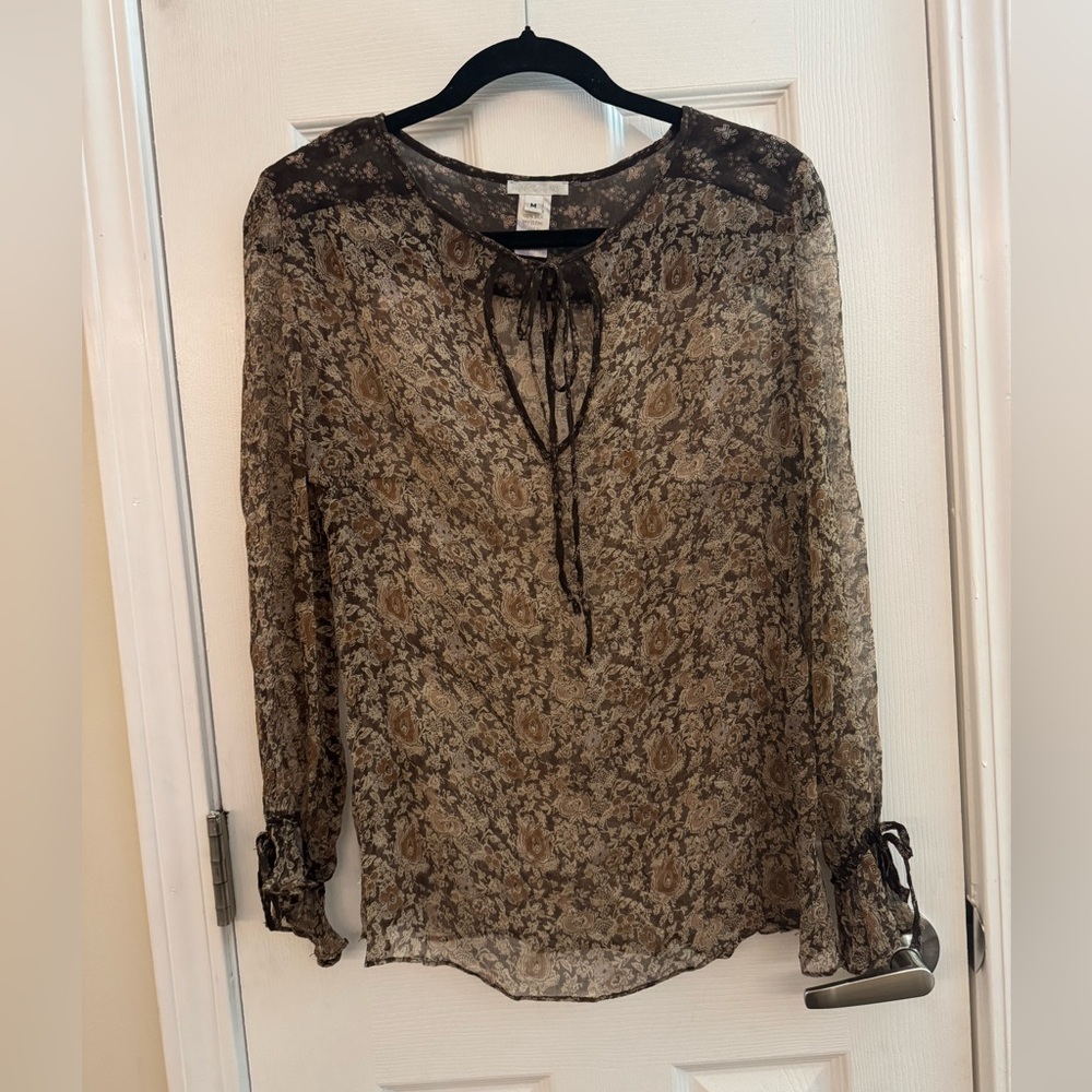 JOHNNY WAS • CALME 100% Silk Sheer Brown Abstract Print Blouse Size Medium